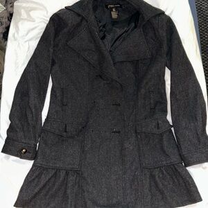 grass collection Dark Gray Wool-Blend Pea Coat with Ruffle Hem